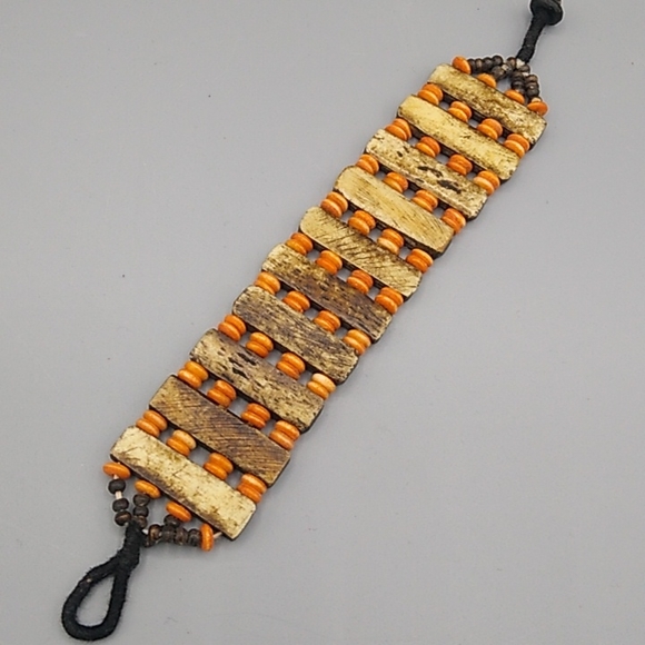 Handmade Engraved Wood & Bead Wide Cuff Bracelet with Black Cord Button Closure - Picture 6 of 12